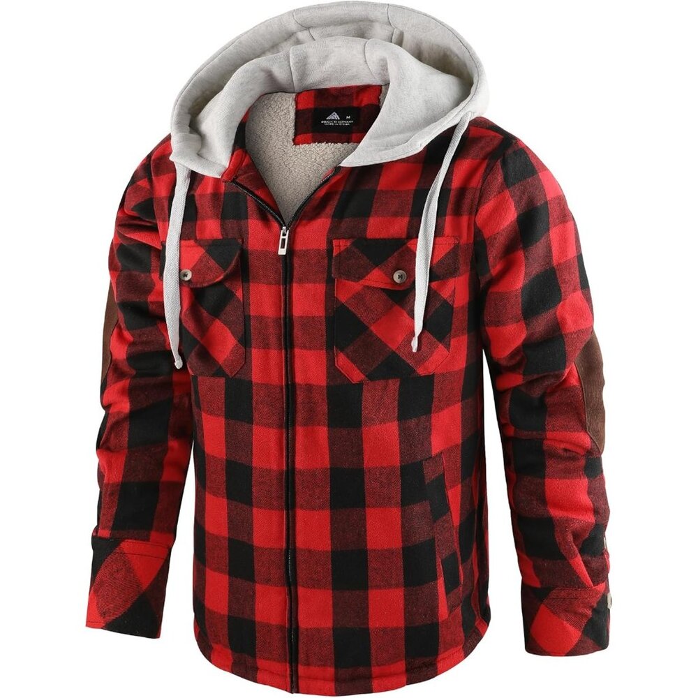 Mens Hooded Red Black Sherpa Line Plaid Flannel Jacket Warm Winter Fleece Coat. - Picture 2 of 6